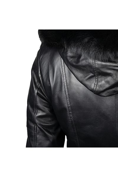 EGE DERİ 100% Genuine Lambskin Furry Hooded Women's Black Top Coat
