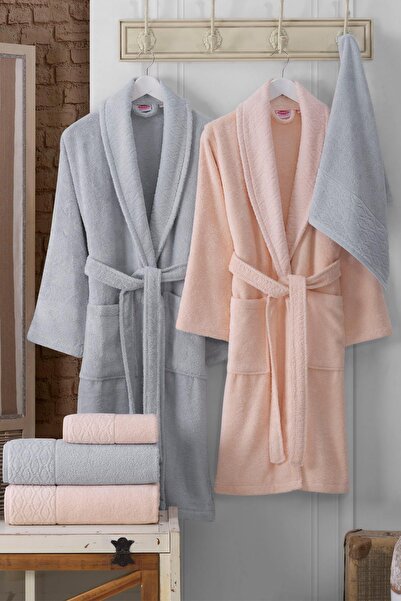 Hobby Elegance - Pamuklu Bornoz Seti - Somon A.Gri
