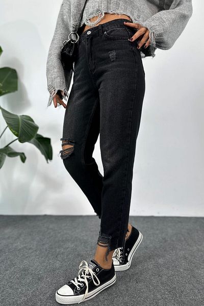 fehika Blugi Mom din denim, negri, afumati, spălați, rupti, cu un singur genunchi