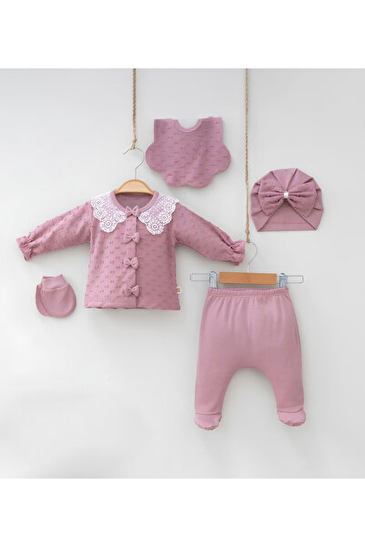 Rise Raba Kız Bebek Pamuklu 5'li Yenidoğan Takım Şapka Önlük Eldiven 0-3 Aylık