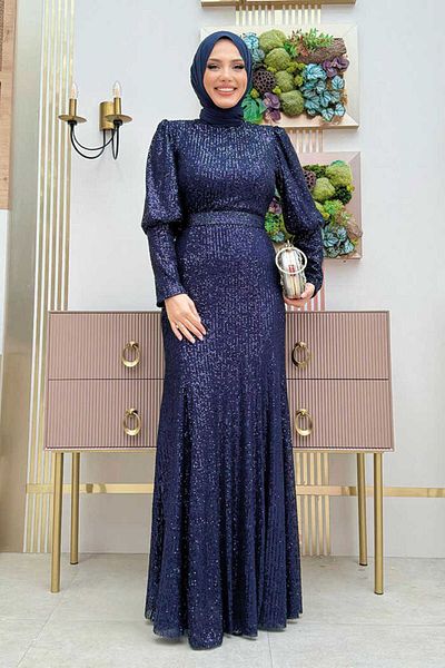 Bym Fashion Βραδινό φόρεμα με παγιέτα διχτυωτό με αξεσουάρ ζώνης 3858 Navy Blue