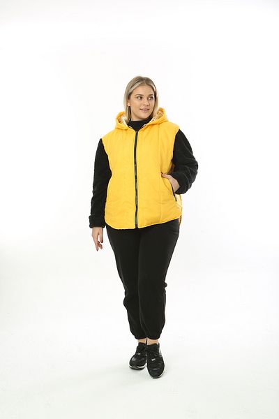 XL Modam WOMEN'S LARGE SIZE QUILTED YELLOW SLEVES BLACK PLUSH SHORT COAT