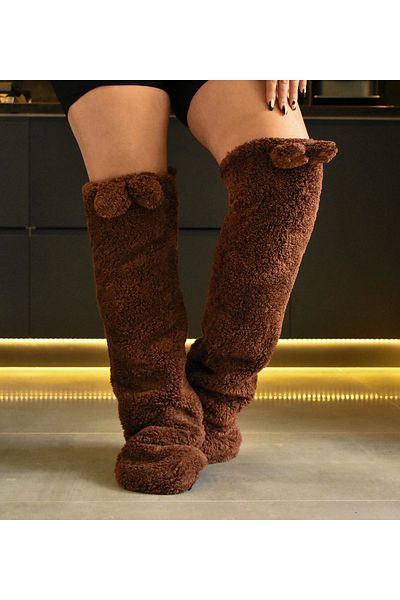 Pandamkee Plush Socks with Ears Welsoft Above Knee Room Socks Winter Sleeping Socks Foot Warmer Long Socks
