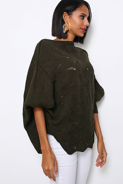 AVORWE Jacquard Knit Crew Neck Knitwear Poncho Sweater