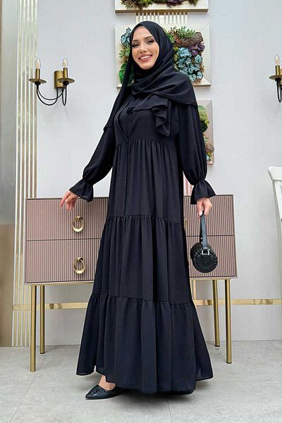 Bym Fashion Elastic Sleeve Floor Look Evening Dress Suit 3859 Black