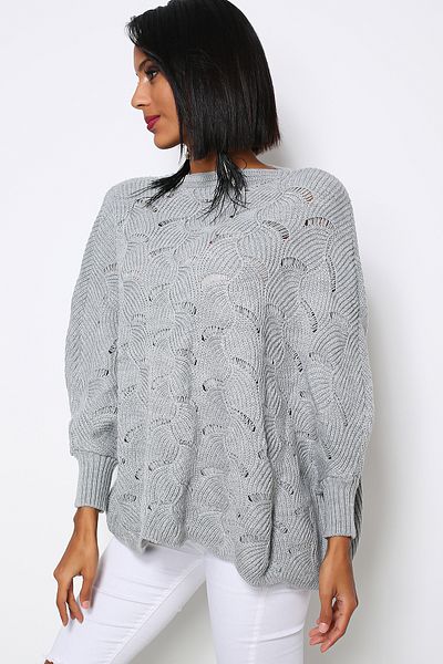 AVORWE Jacquard Knit Crew Neck Knitwear Poncho Sweater