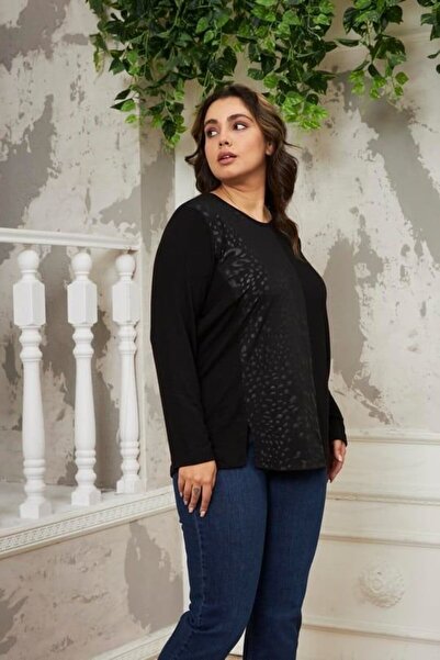 Genel Markalar Garnili Yırtmaç Detaylı Büyük Beden Siyah Çilek Bluz