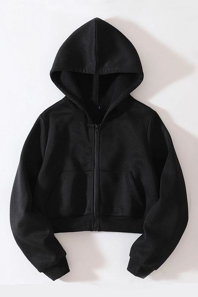 FEMELLE Cardigan negru cu glugă și fermoar pentru femei