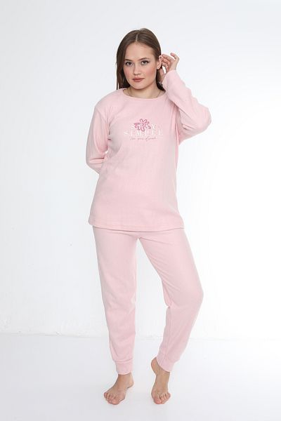 FAMES PİJAMA Simple Ribbed Interlock Long Sleeve Women's Pajama Set