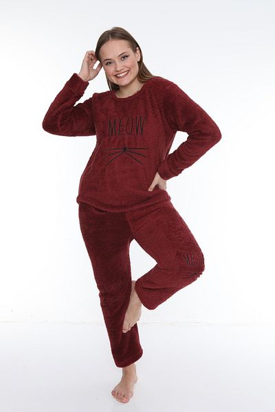 FAMES PİJAMA Meow Written Wellsoft Fabric Long Sleeve Winter Women's Pajama Set