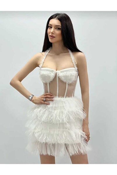 DERİNBOUTIQUE Kadın Transparan Tüllü Balenli Korseli Otriş Tüy Etekli Parti Yeni Yıl Yılbaşı Elbise