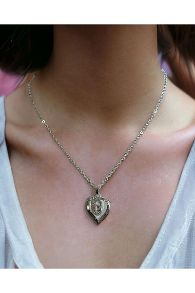 Mixperi Zircon Stone White Chain Drop Stone Necklace Heart Patterned Necklace