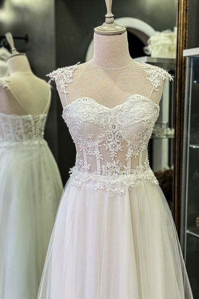 Lenta Moda White Embroidered Lace Covered Maxi Length Evening Dress