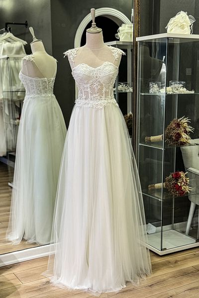 Lenta Moda White Embroidered Lace Covered Maxi Length Evening Dress