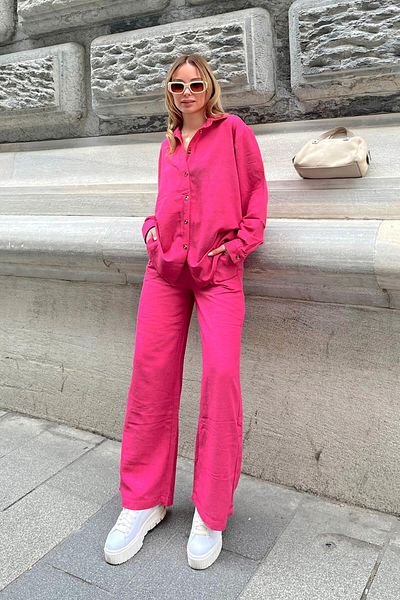 Swist Pink Oversize Linen Shirt-Pants Women's Bottom-Top Set