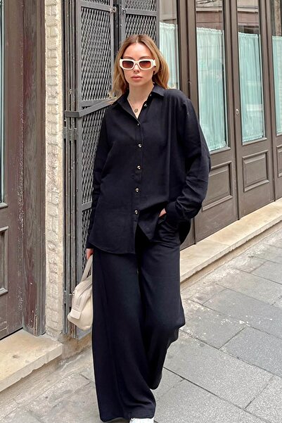 Swist Black Oversize Linen Shirt-Pants Women's Bottom-Top Set