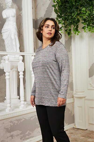 Imagine Giyim V-Neck Plus Size Knitted Blouse with Fabric Feature