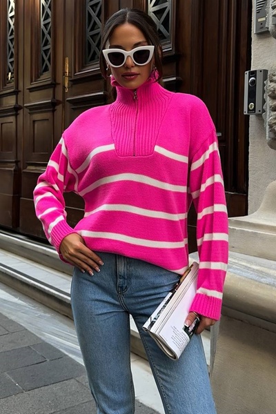 bayansepeti Φαρδιά υπερμεγέθη εφαρμογή με φερμουάρ ώμου γιακά μακρυμάνικο λευκό ριγέ ροζ πουλόβερ 8070