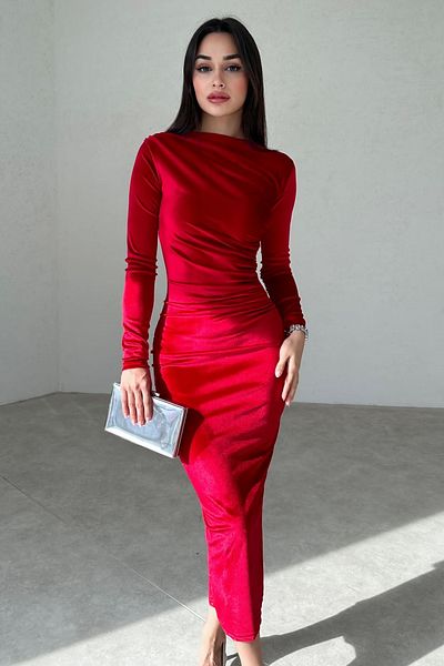 lovebox Gathering Detail Wide Collar Pencil Cut Midi Length Long Sleeve Flexible Velvet Fabric Red Evening Dress 3660
