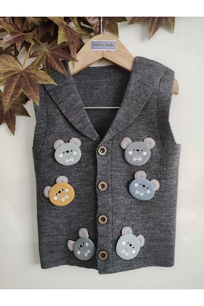 Meriç bebe Baby and Child Embossed Teddy Bear Accessory Buttoned Seasonal Smoked Knitwear Vest
