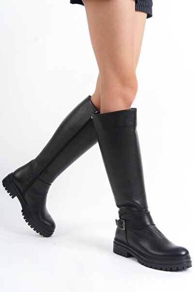 Modabuymus Wers Black Genuine Leather Knee-Length Short Daily Boots