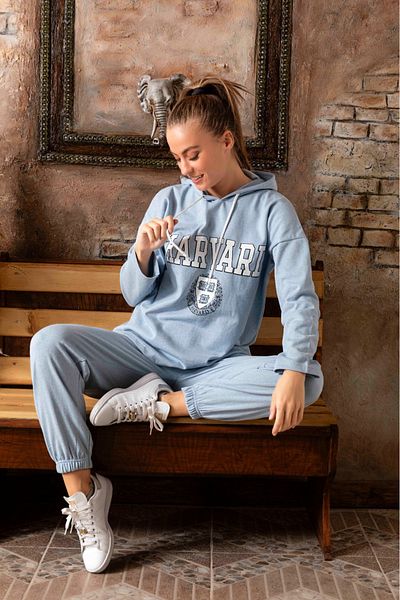 Sude HOMEWEAR Women's Hooded Two Thread Printed Long Sleeve Long Pajama Set
