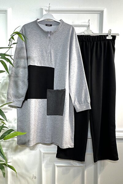 Aşkı Endam مجموعة كبيرة الحجم من القطن الممشط بخيوط مزدوجة وجيب بسحاب - رمادي