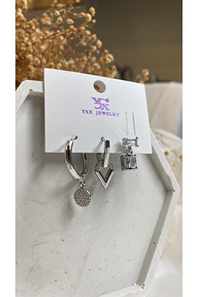 saren aksesuar Women's 3-piece earrings set vip series baguette stone V detai...