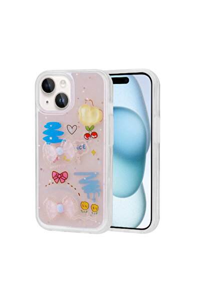 Nezih Case Apple iPhone 15 Uyumlu Kabartma Figürlü Parlak Silikon Kapak Kılıf