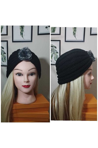 Nympha Pompom detailed bonnet-shaped knitwear beret, feathered knot beret