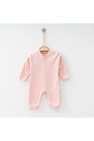 Nayinom Footless Unisex Baby Soft Textured Line Patterned Pink Baby Jumpsuit