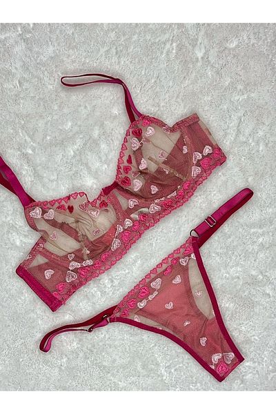 BLUEAVCI Dark Pink Light Pink Heart Patterned Embroidery Top and Bottom Set