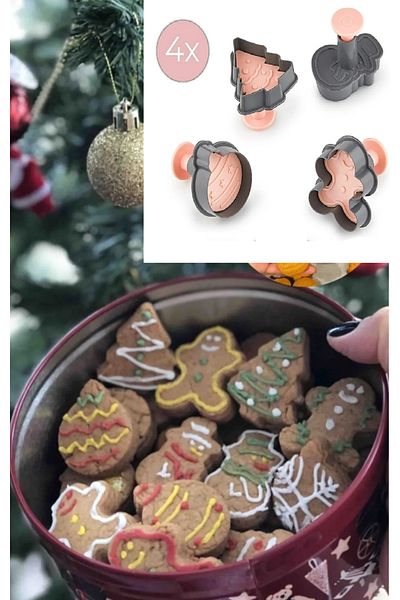 Bayev 4-Piece Cookie Mold Pine Tree Gingerman Snowman Press-on Pump Dough Cutter 3133 New Year