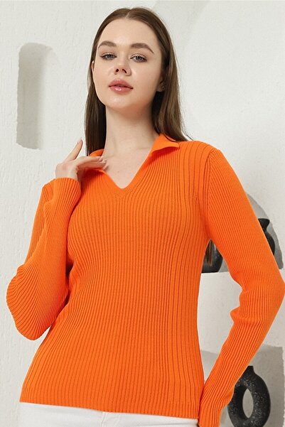 VEGENZE Women's Orange Polo V-Neck Knitwear Sweater