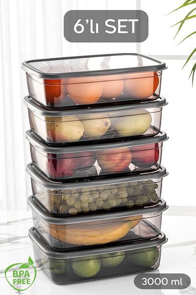 Meleni Home 6 Pieces Rectangular Practical Box Shallow Vegetable Fruit Storage Container - Refrigerator Organizer Food Container 6x3 Lt