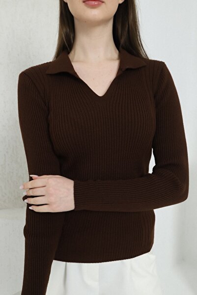 VEGENZE Women's Brown Polo V-Neck Knitwear Sweater