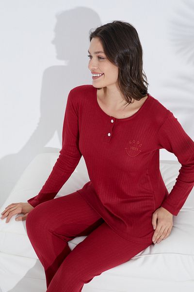 Siyah İnci burgundy embroidered Buttoned Knitted Pajama Set