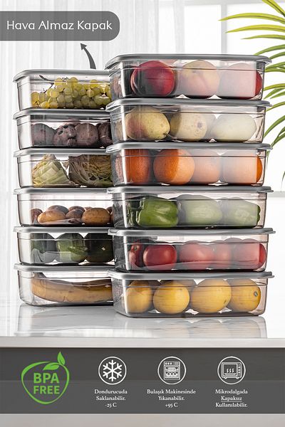 Meleni Home 12-Piece Rectangular Practical Box Shallow Vegetable Fruit Storage Container - Fridge Organizer Food Container 12x3 Lt