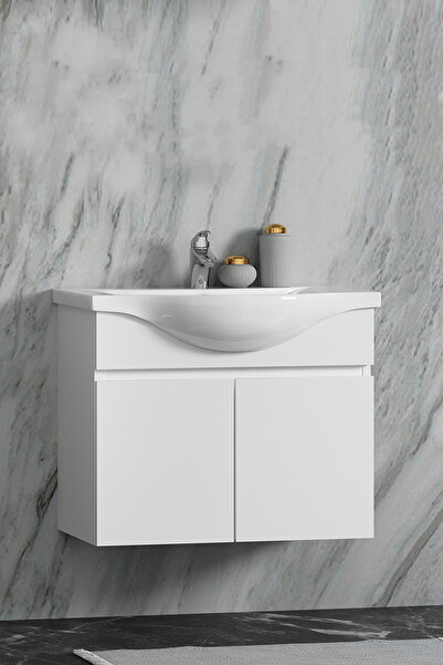 ÖZCEDEN Yıldız 55 cm Beyaz MDF Seramik Lavabolu Asma Banyo Alt Dolabı 