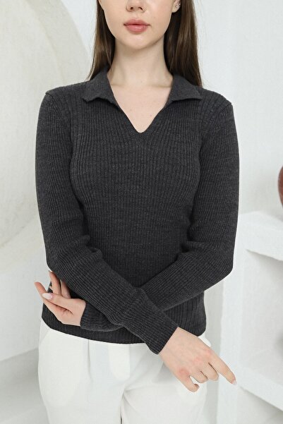 VEGENZE Women's Anthracite Polo V-Neck Knitwear Sweater