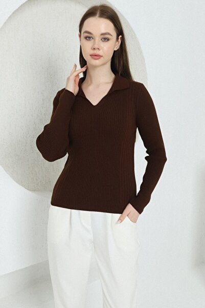 VEGENZE Women's Brown Polo V-Neck Knitwear Sweater