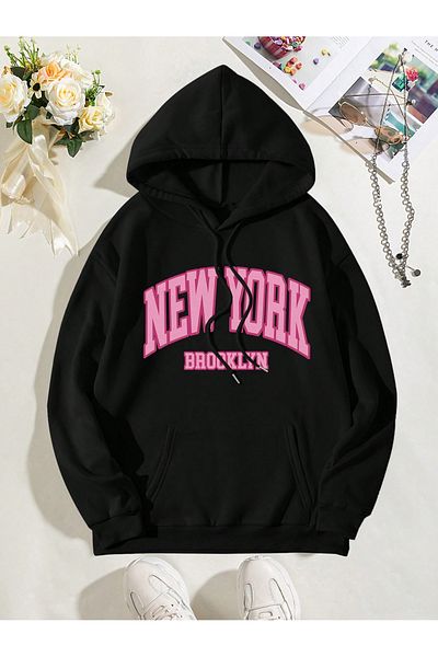 trendgar newyork Printed black Hooded Sweatshirt