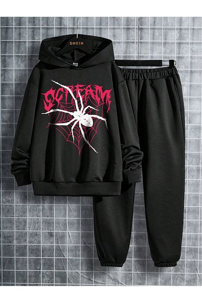 BYMEER Set de trening negru pentru copii cu imprimeu Spider