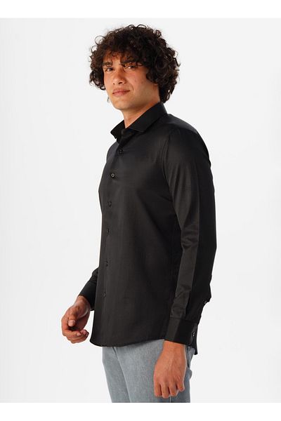 SÜVARİ Ανδρικό πουκάμισο Süvari Slim Fit Classic Dobby μαύρο GM2024700426