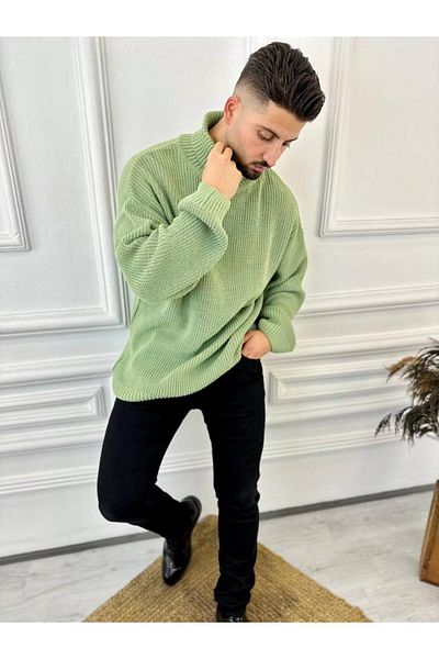 elkumoda Pulover pentru bărbați cu gât înalt Pulover tricotat largi, supradimensionat