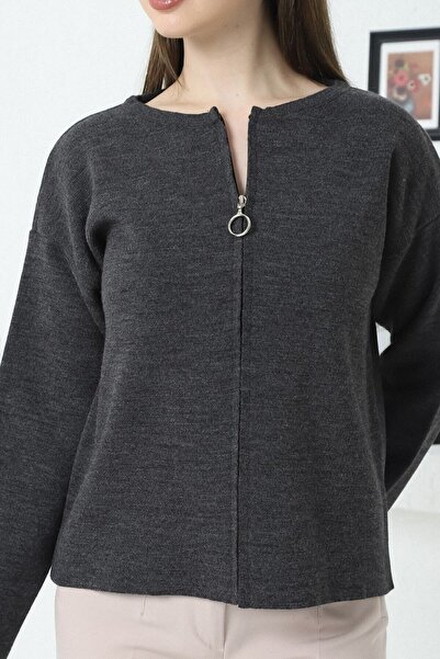 VEGENZE Women's Anthracite Steel Knit Zippered Knitwear Cardigan