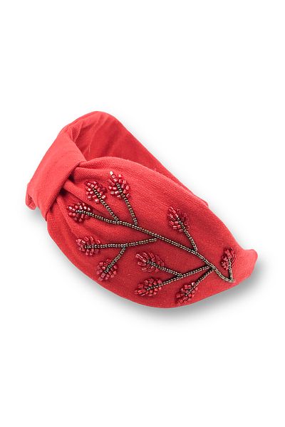ZELİCE TASARIM RED CROWN WITH LEAF STONE AND BEAD EMBROIDERED