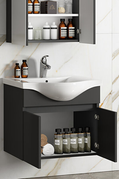 ÖZCEDEN Yıldız 65 cm Antrasit Gri Mat MDF Seramik Lavabolu Asma Banyo Alt Dolabı