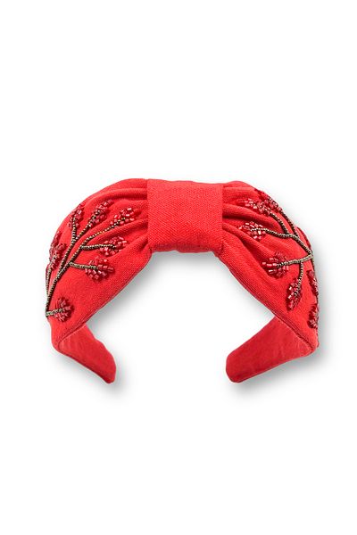 ZELİCE TASARIM RED CROWN WITH LEAF STONE AND BEAD EMBROIDERED
