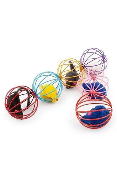 BOL ÇEŞİT BURADA BUFFER® Colorful Metal Caged Plush Cat Dog Toy with Mouse Play Ball 6 cm